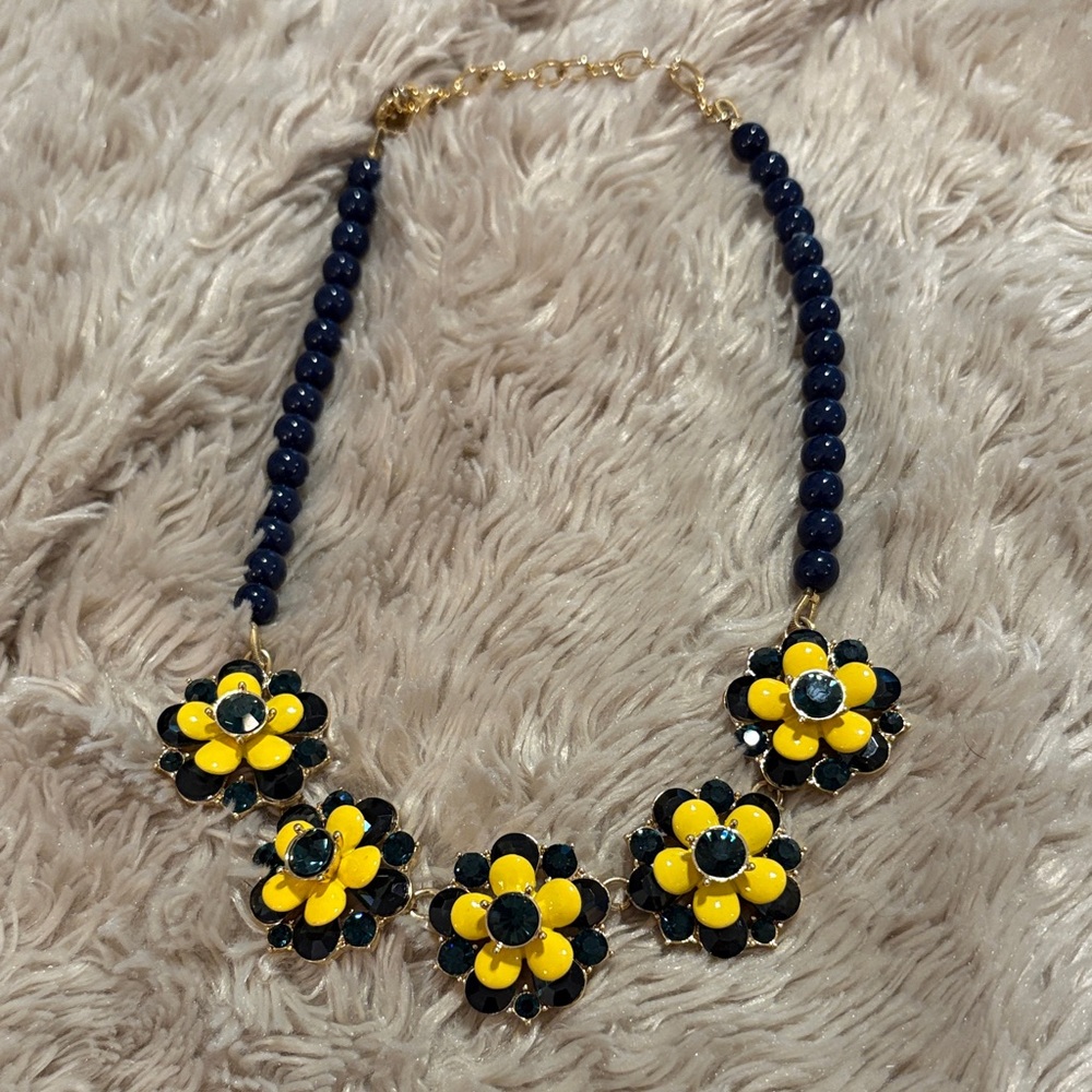 Talbots Yellow Blue Flower Rhinestone Adjustable Statement Goldtone Necklace